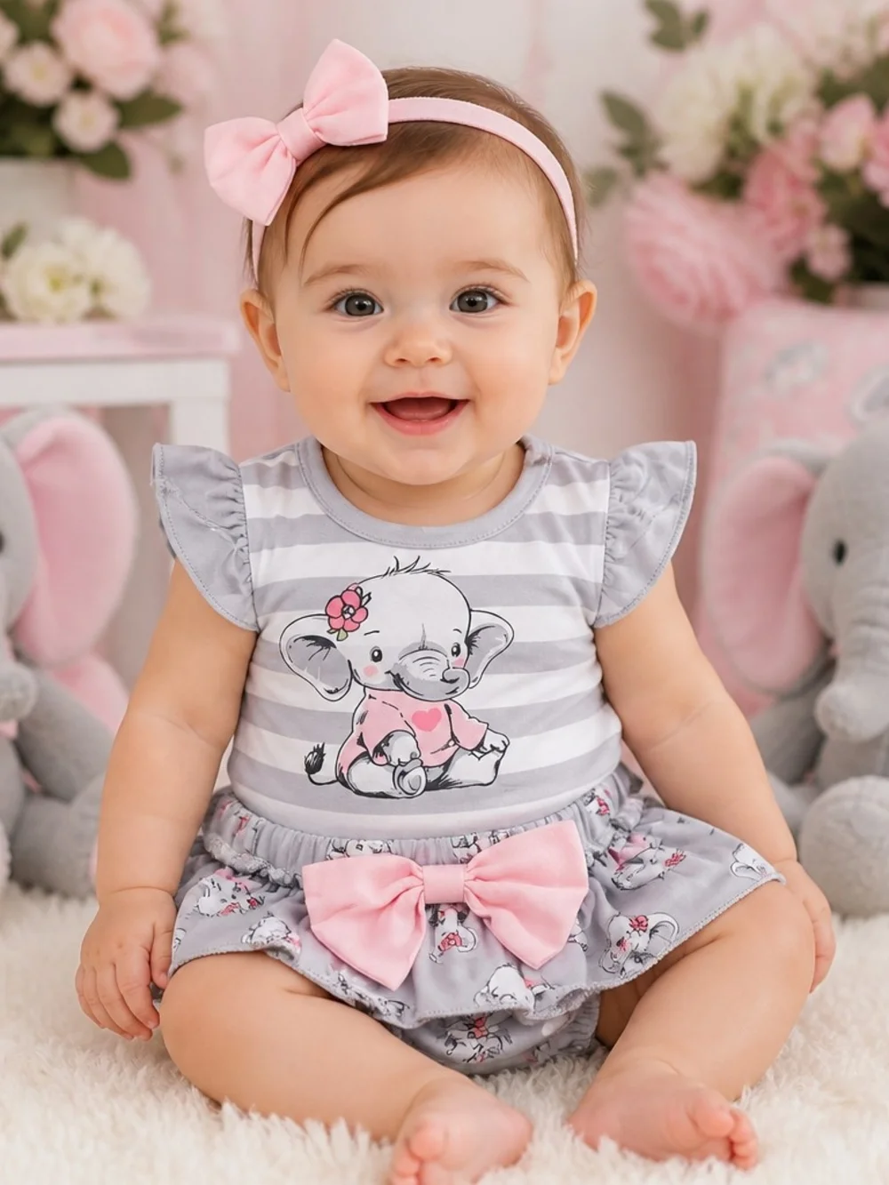 Baby Girls Pink & Gray Elephant Bow Matching Set Sz 6/9 Months